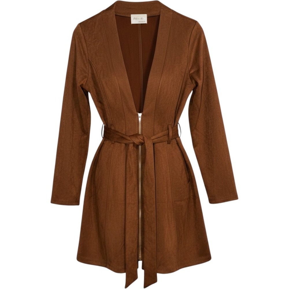 Active USA Womens Cognac Brown Faux Suede Belted Zip Jacket J13275 Size M